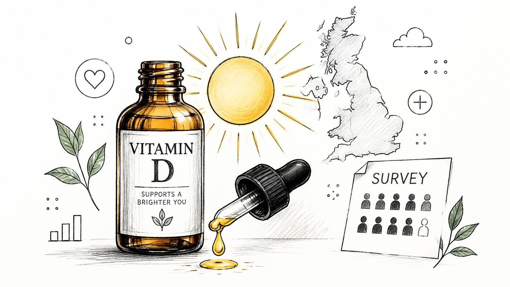 A hand-drawn illustration depicting a bottle of vitamin D drops, a sun, and a UK map survey.
