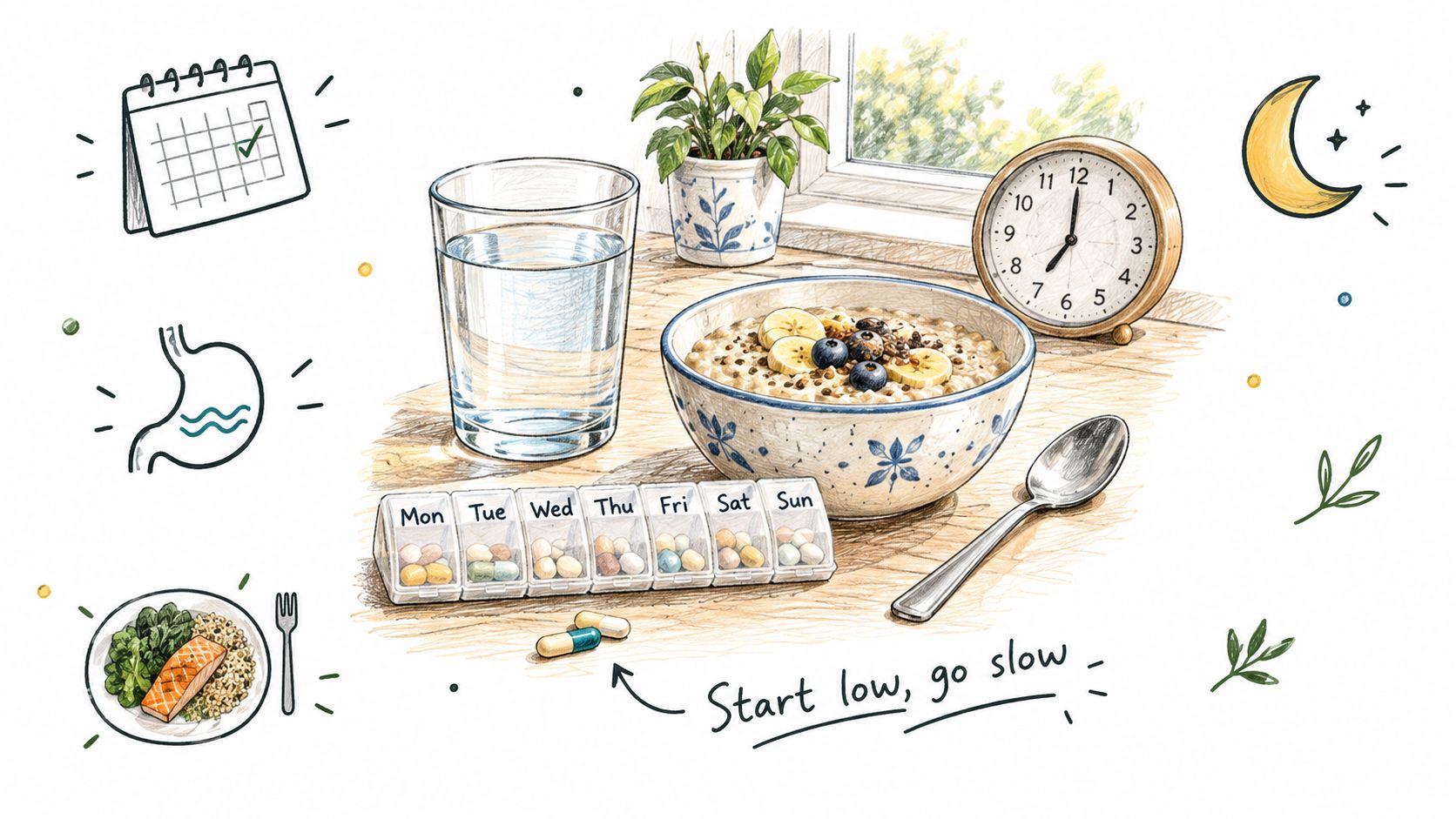 A breakfast table setting featuring a daily pill organizer, oatmeal, water, and a clock to manage health supplements.