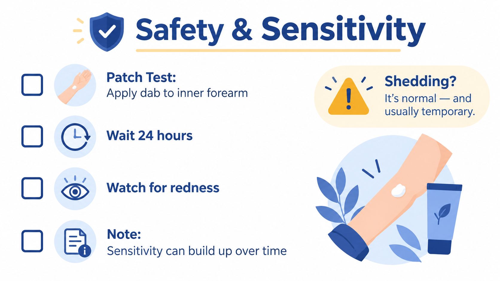 A guide for performing a skin patch test to check for safety and sensitivity before application.