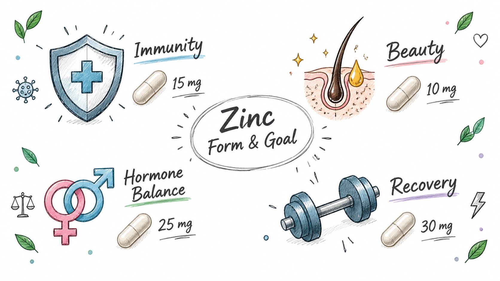 An infographic illustration showing four different zinc supplement dosage recommendations for immunity, beauty, hormone balance, and recovery.