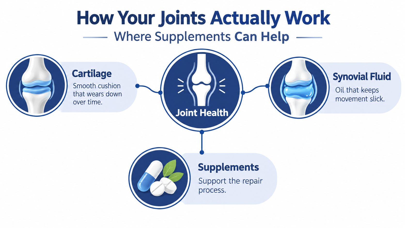 An educational infographic illustrating joint health, showing how cartilage, synovial fluid, and supplements support joints.