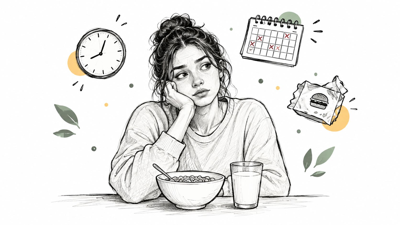 A pensive woman at a table with cereal, thinking about meal times, tracking habits, and food choices.