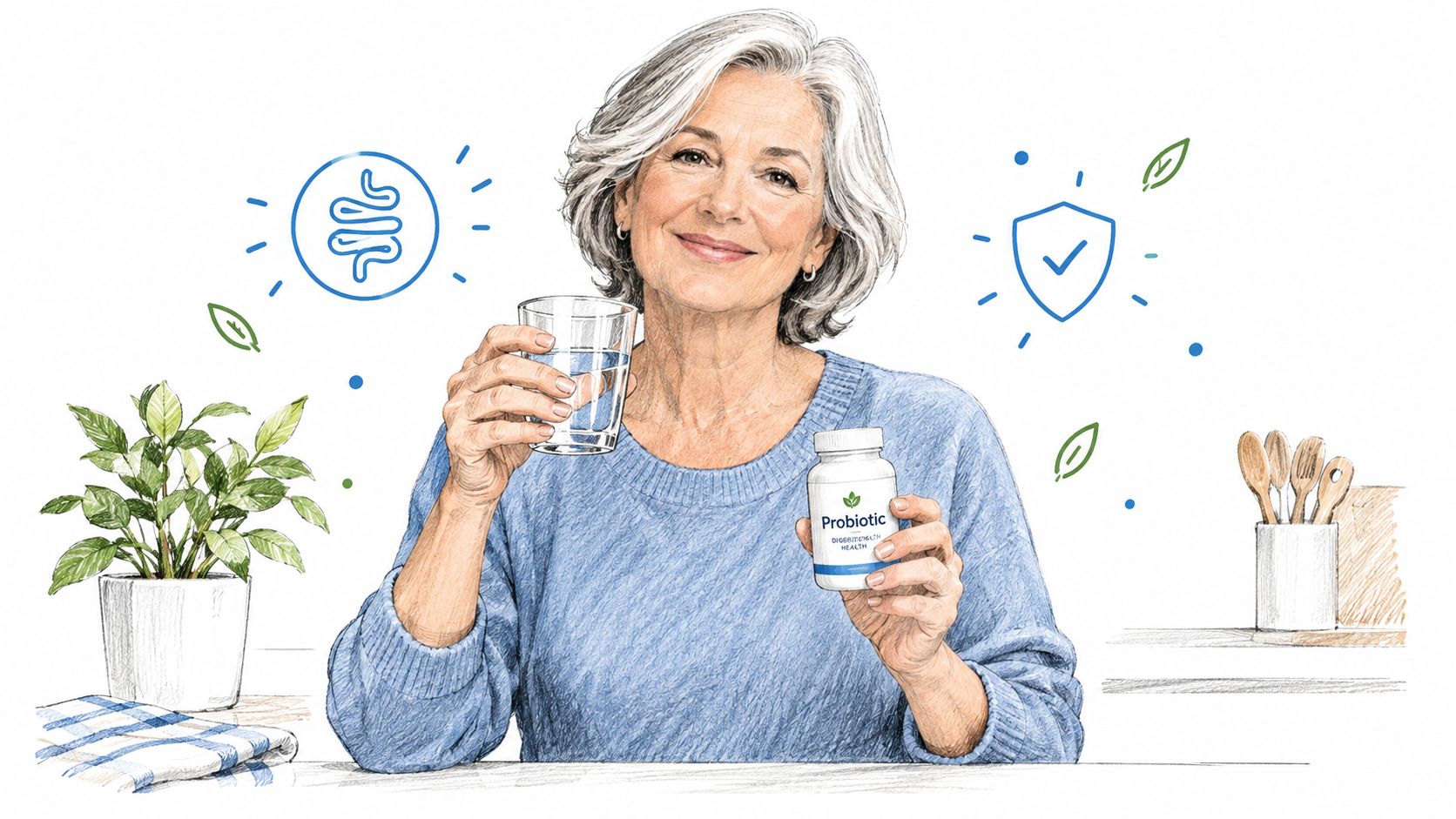A smiling mature woman holding a glass of water and a bottle of probiotics in her kitchen.