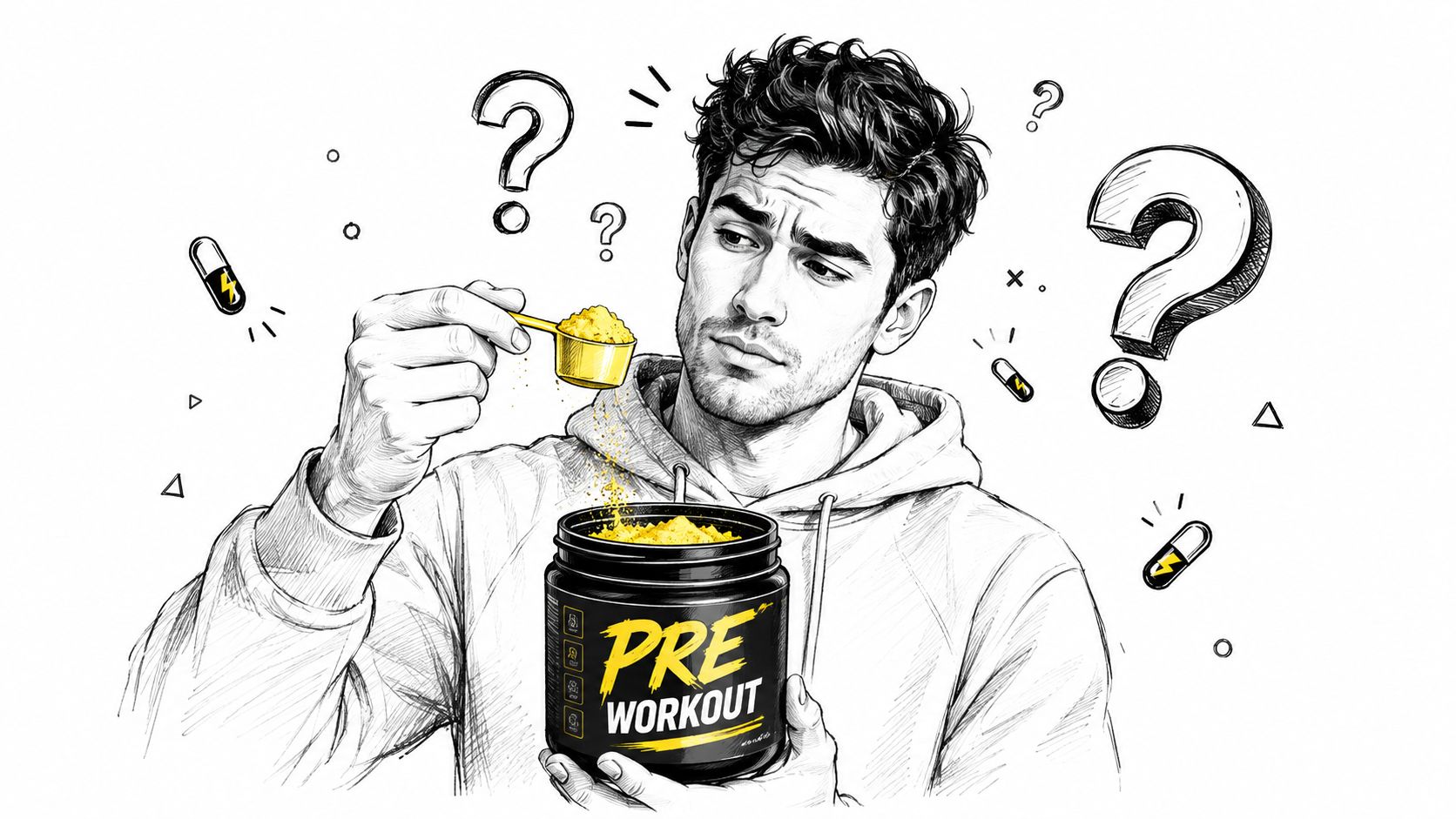 A line art illustration of a man looking confused while holding a scoop of yellow pre-workout powder.