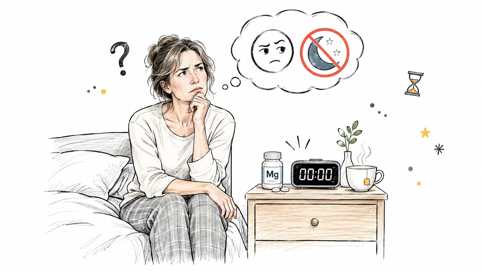 A worried woman sitting in bed at midnight thinking about taking magnesium supplements for better sleep.