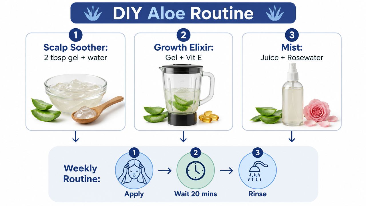 An infographic showing a DIY aloe vera routine for hair care including a soother, elixir, and mist.