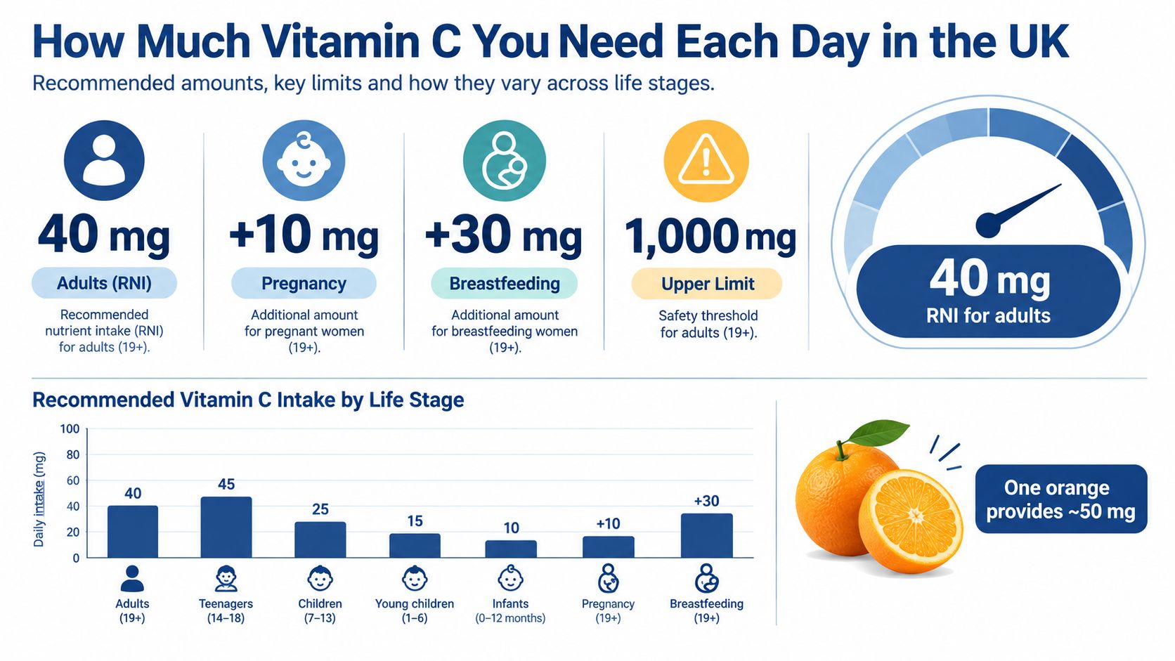 An infographic showing recommended daily Vitamin C intake in the UK across various life stages.