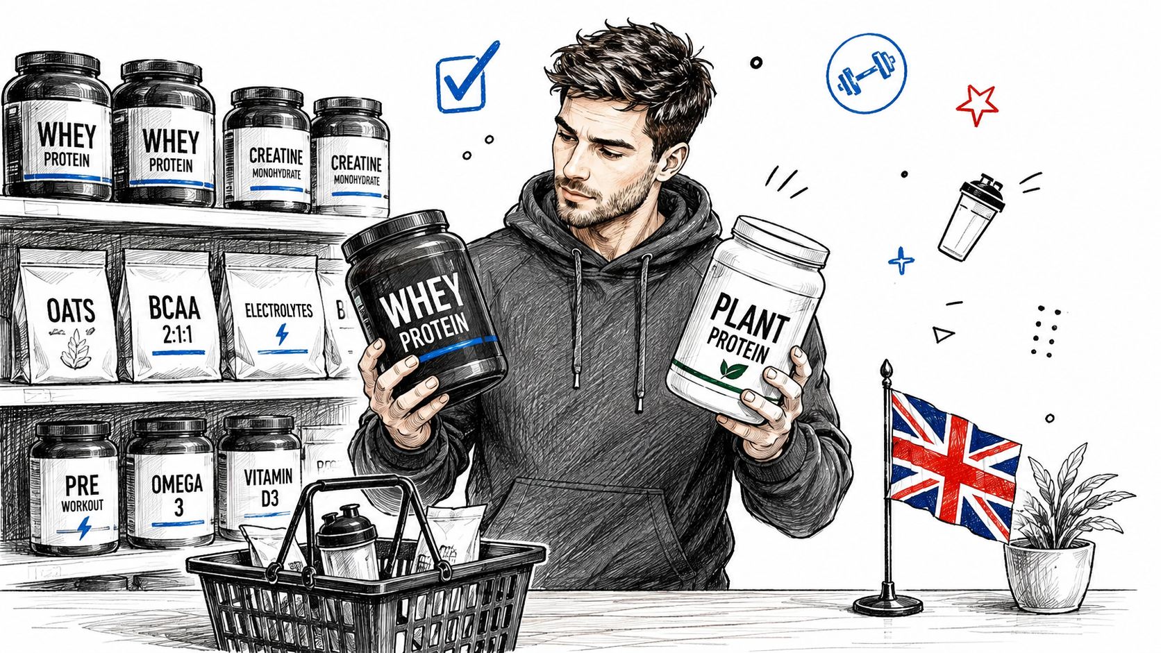 A man in a hoodie comparing whey protein and plant protein tubs at a supplement store.