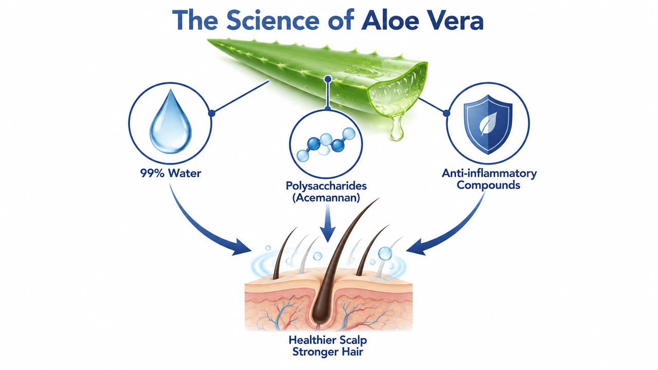 A diagram illustrating how aloe vera components like water and polysaccharides benefit scalp and hair health.