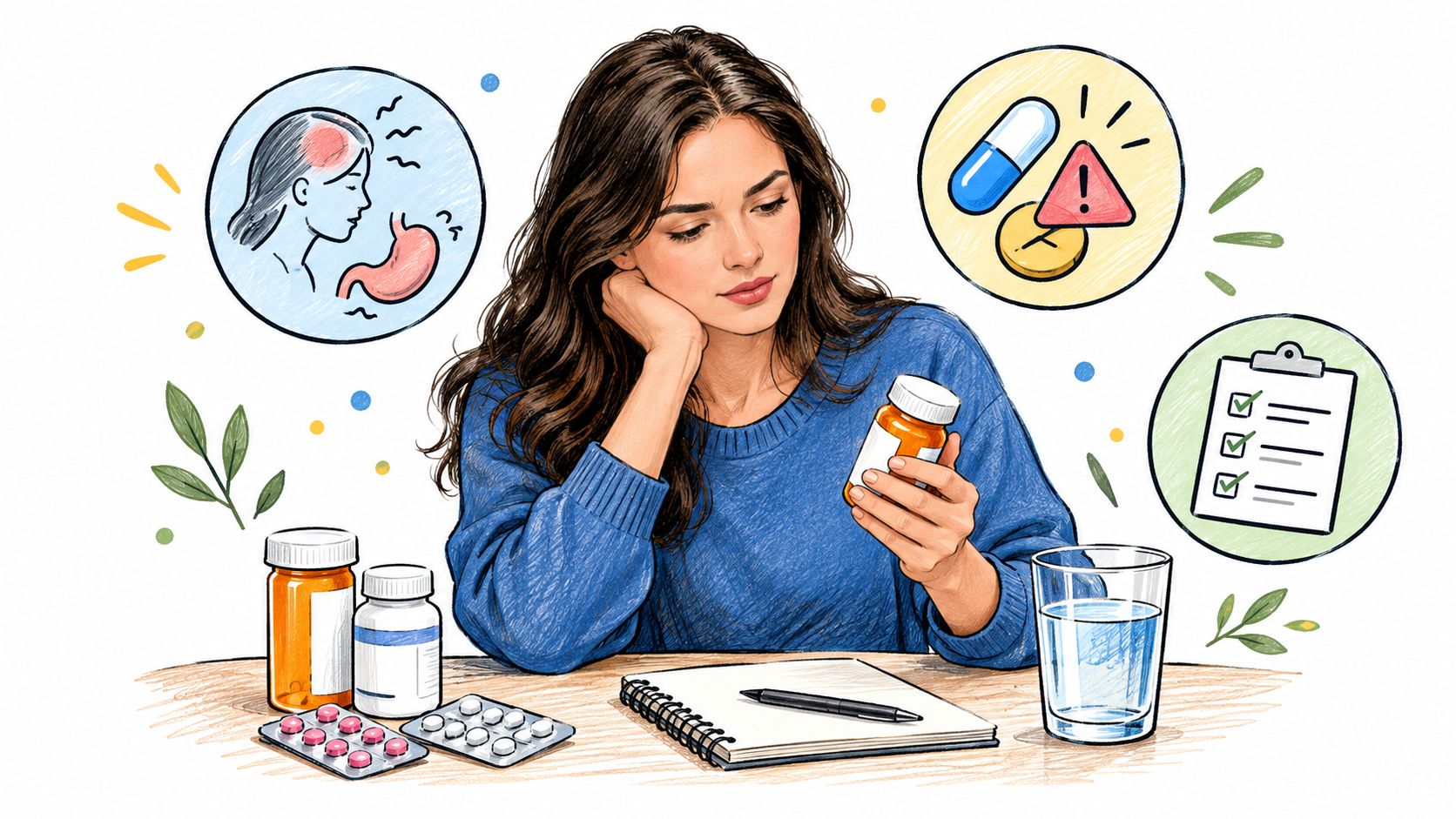 A woman looks at a medication bottle while considering potential side effects and health information for supplementation.