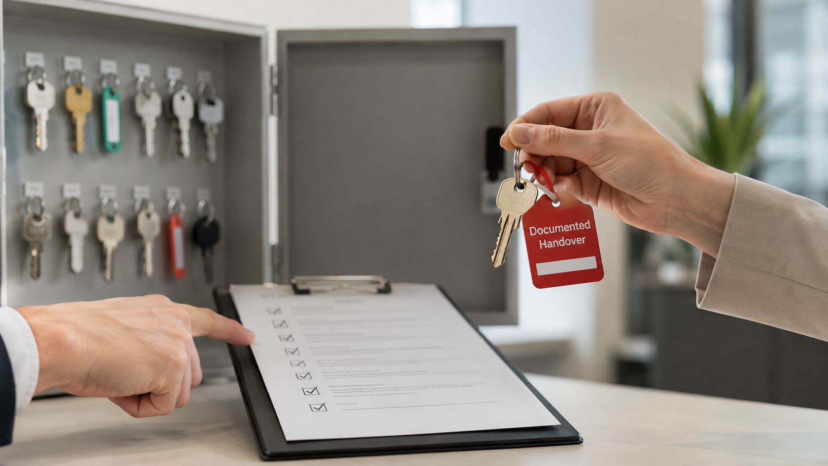 A professional hand holding keys with a Documented Handover tag over a checklist and key box.