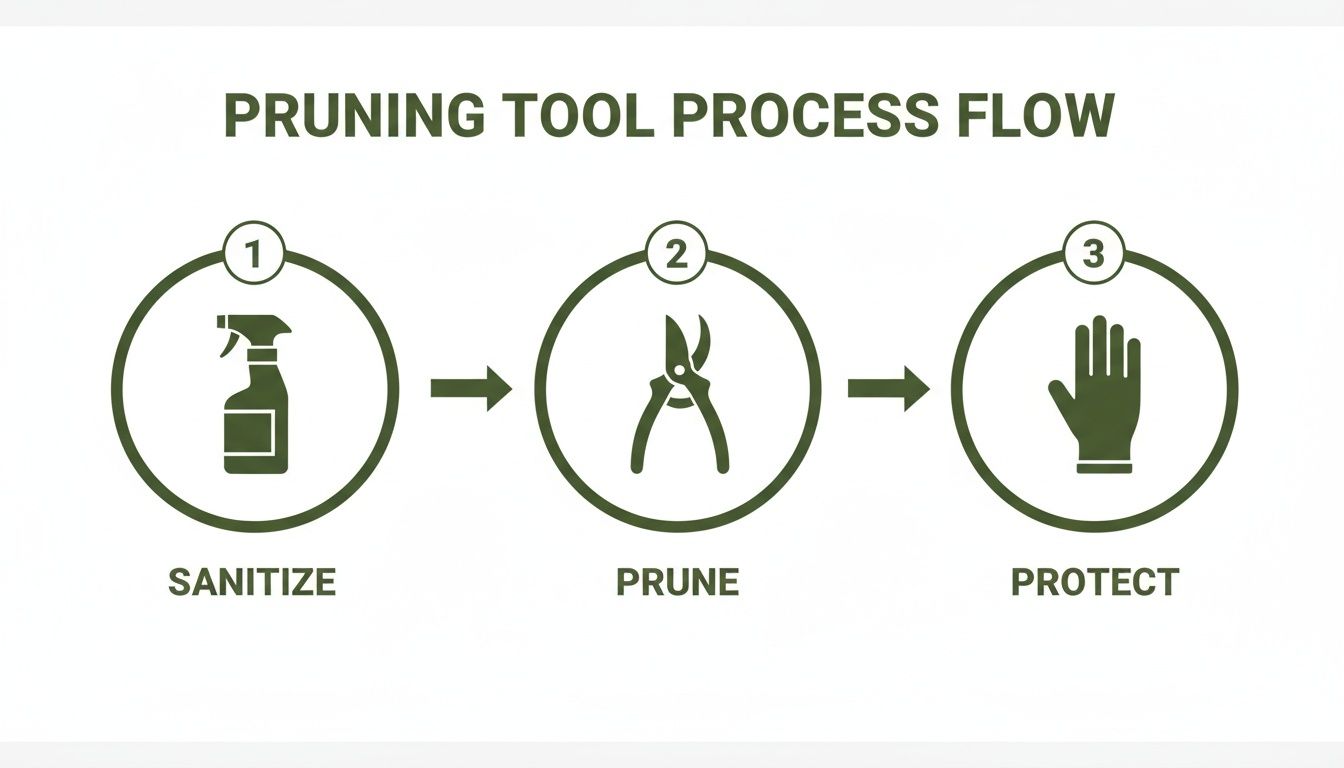 A three-step process diagram illustrating how to use pruning tools: sanitize, prune, and protect.
