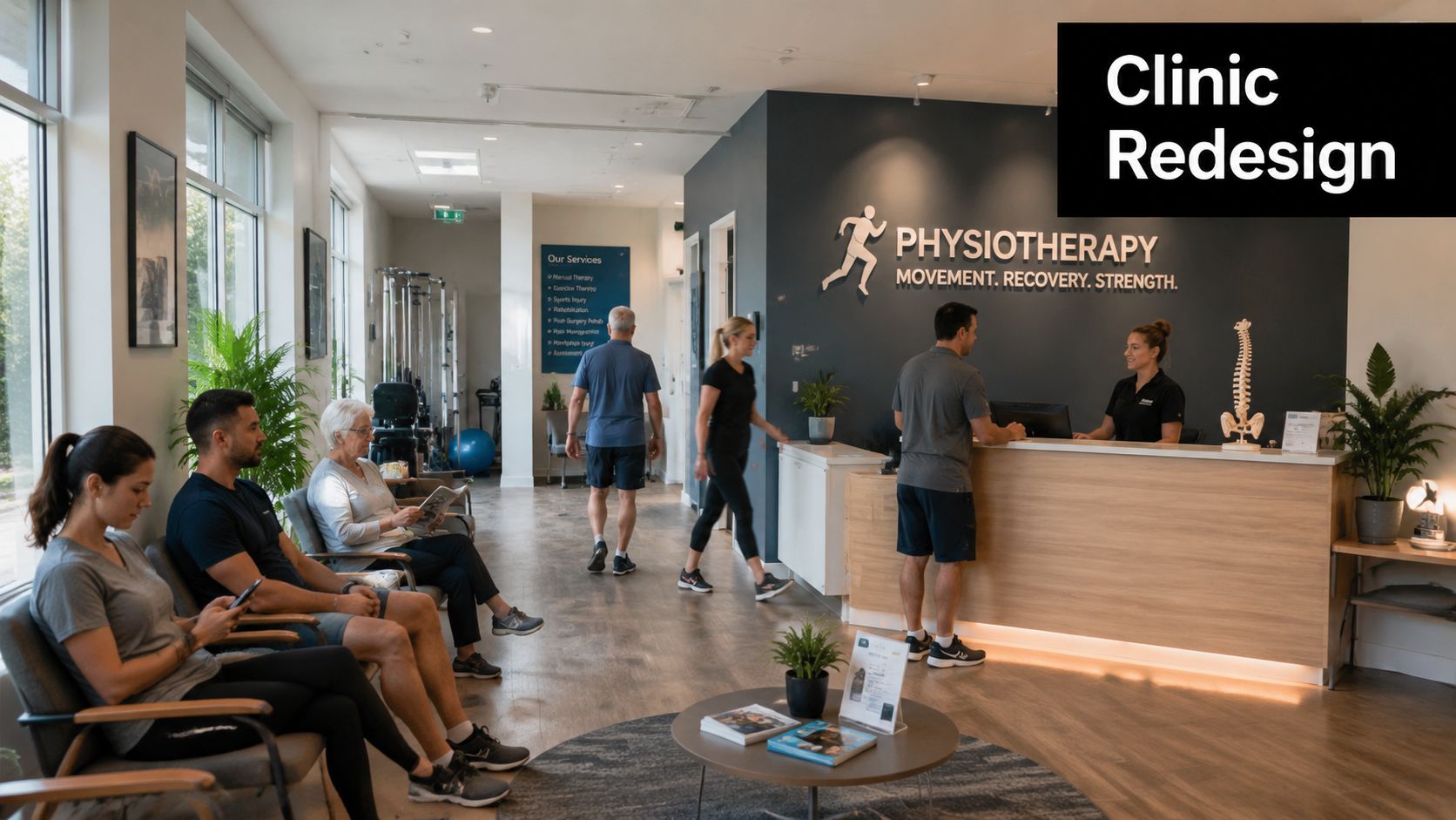 A modern, bright physiotherapy clinic reception area with patients waiting and staff at the front desk.