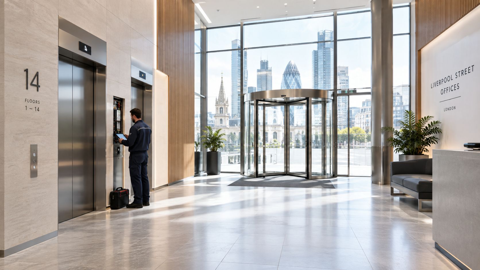 A technician wearing a uniform repairs elevator controls in a modern Liverpool Street office lobby building.