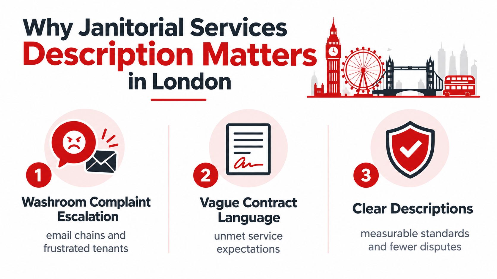 An infographic highlighting the importance of clear service descriptions for janitorial cleaning companies operating in London.