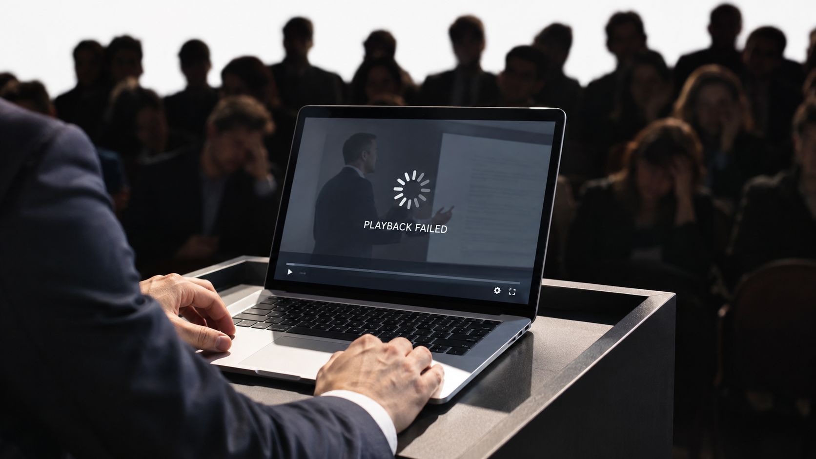A businessman standing at a podium faces an audience while his laptop displays a playback failed error message.