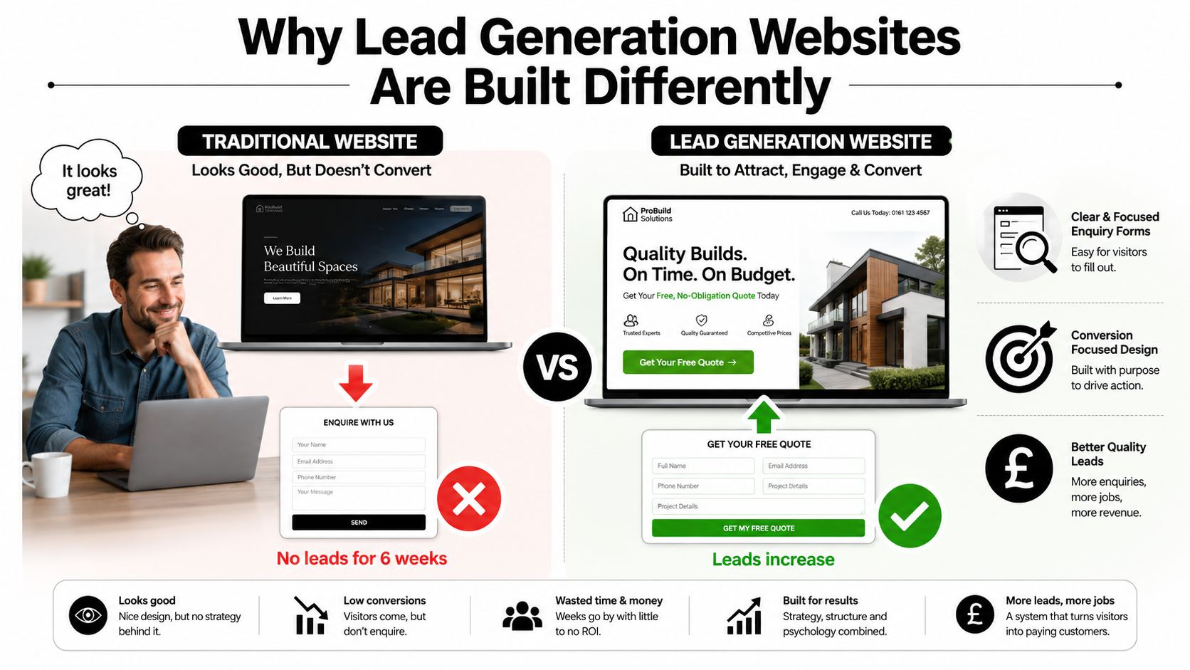 A comparison infographic showing the difference between a traditional website and a conversion-focused lead generation website.