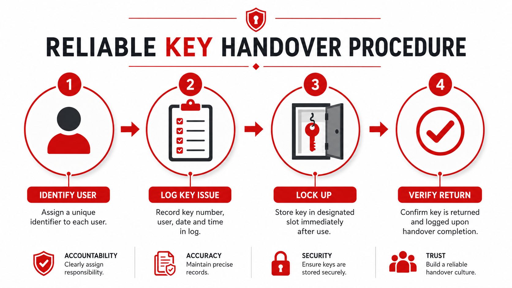 A flowchart showing the four-step procedure for a reliable key handover process including identification, logging, storage, and verification.