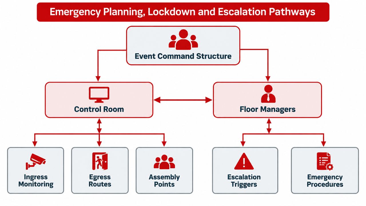 A diagram illustrating the emergency planning, lockdown, and escalation pathways for an event management system.