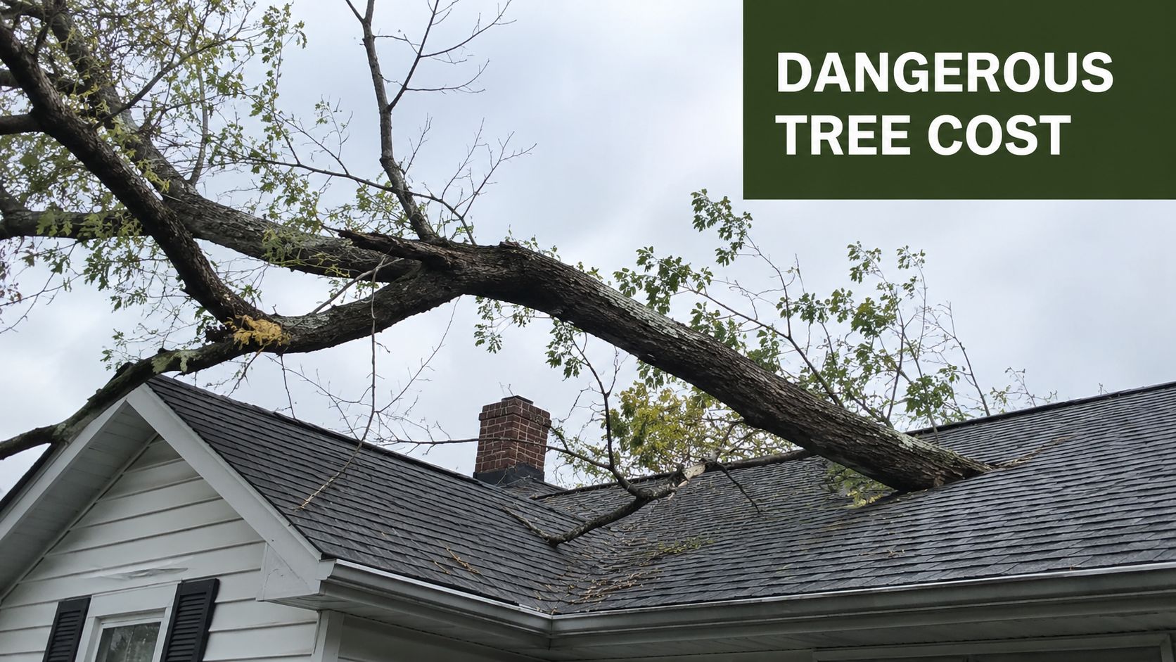 A large tree limb fallen onto the roof of a residential house during a storm.