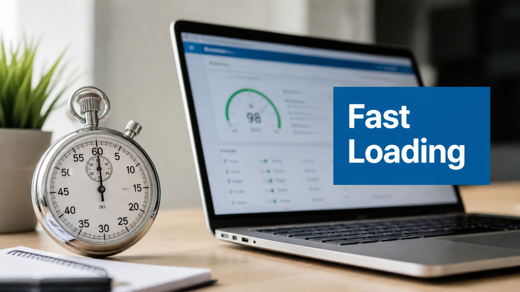 A stopwatch placed next to a laptop displaying a website performance speed test score of ninety eight.
