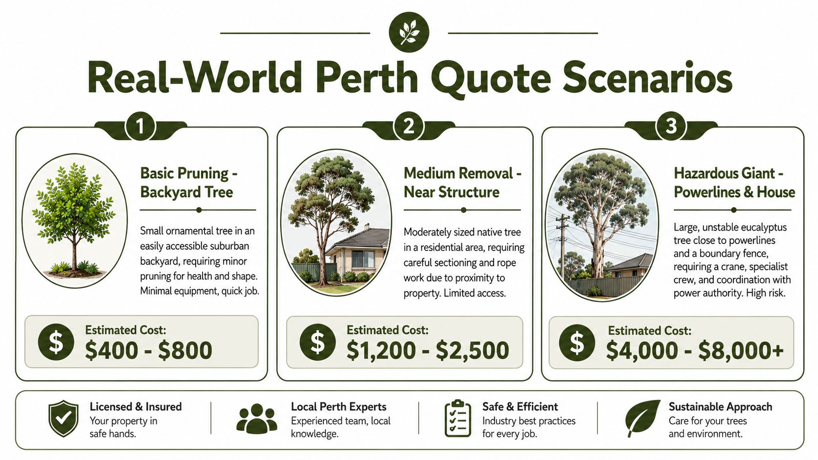 An infographic detailing estimated cost scenarios for tree pruning and removal services in Perth, Western Australia.