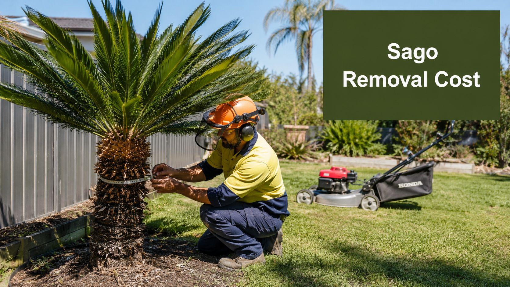 A professional landscaper measuring a sago palm tree trunk to estimate removal cost in a backyard.