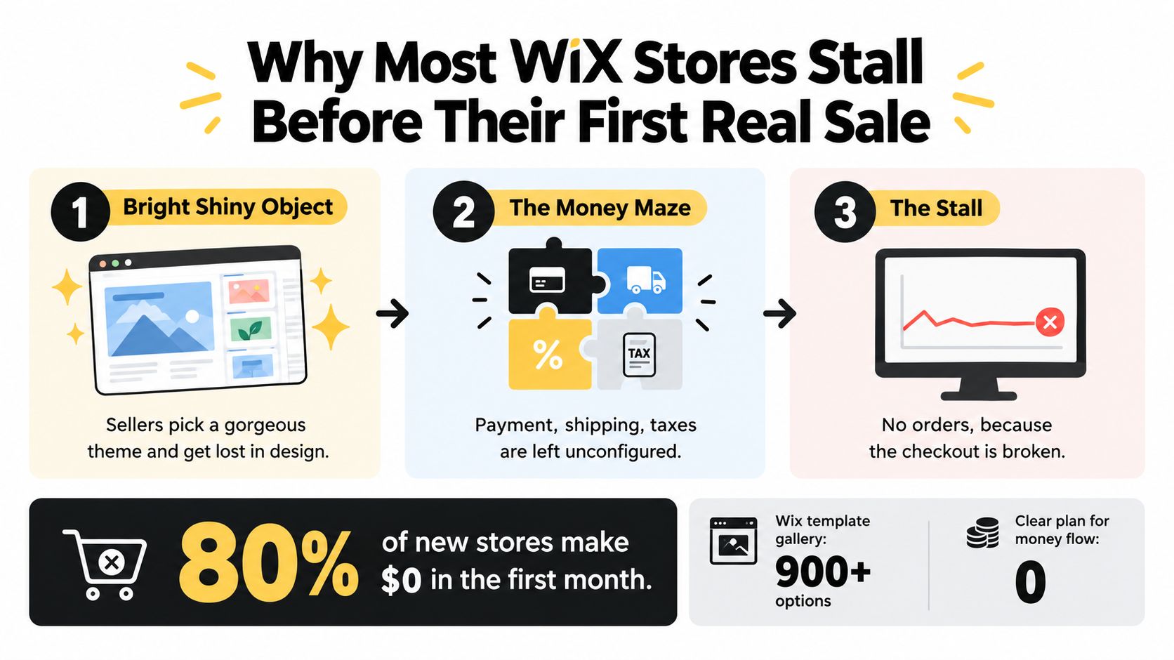 An infographic showing why Wix stores often fail to make sales due to poor setup choices.