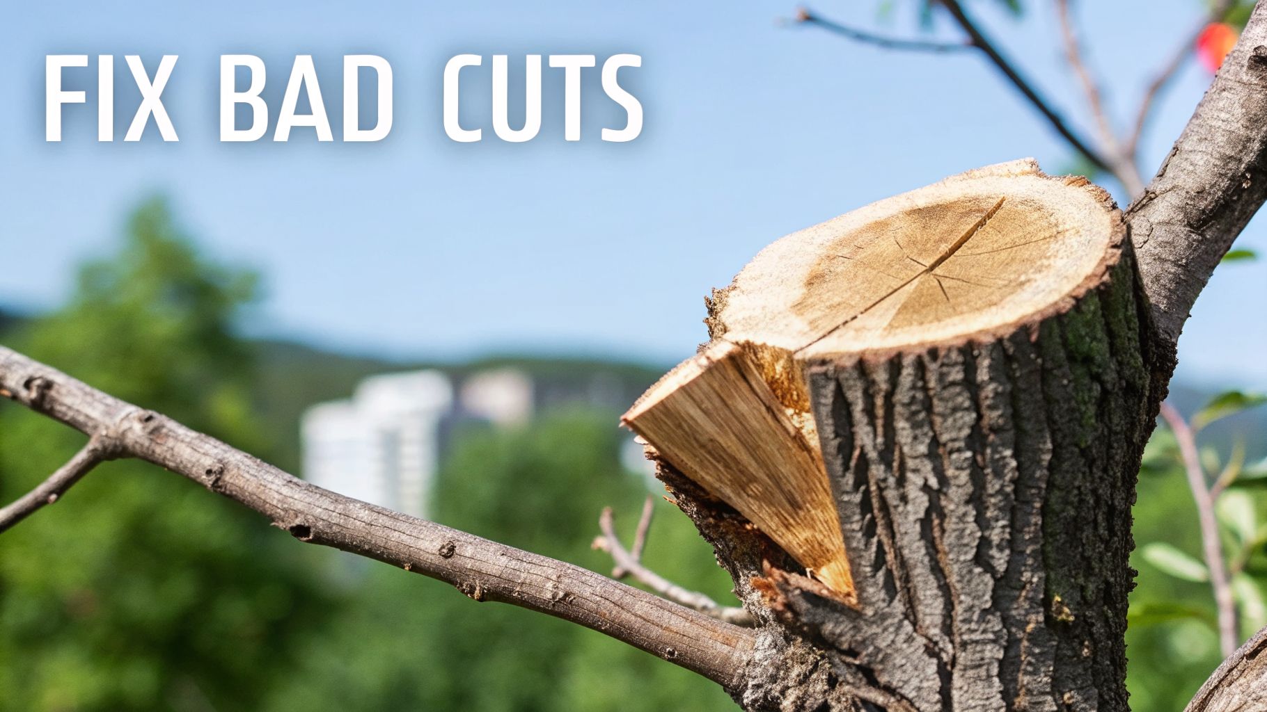 A close-up of a poorly pruned tree branch with a jagged, split cut, illustrating bad pruning.