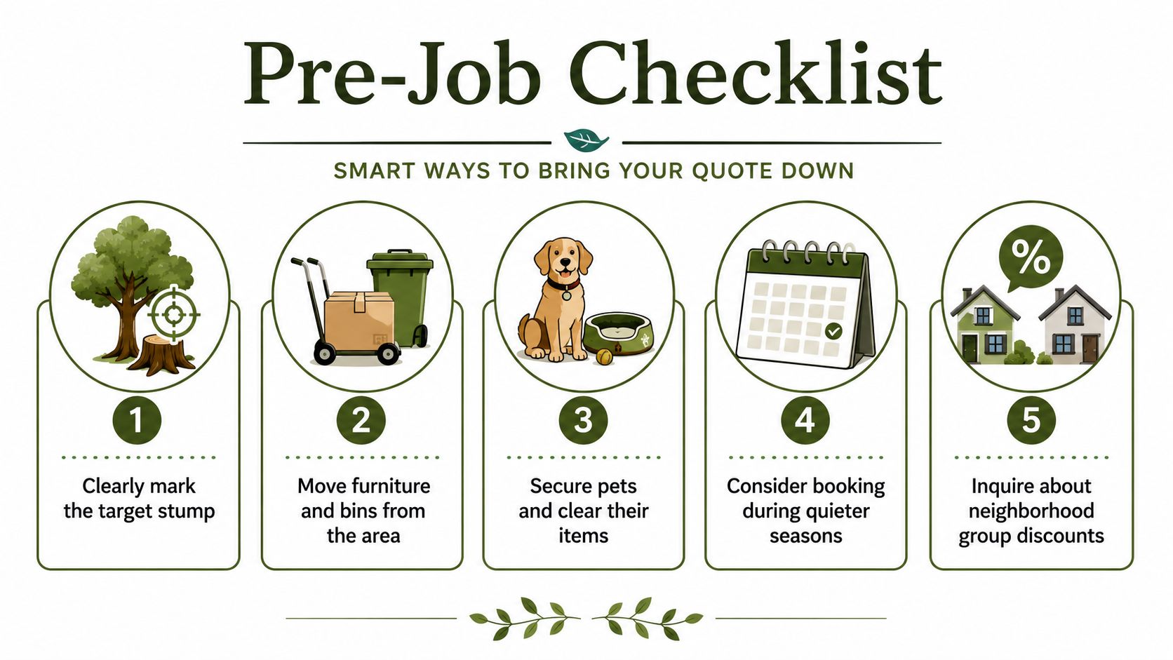 A pre-job checklist infographic with five smart tips to help reduce the cost of tree stump removal services.