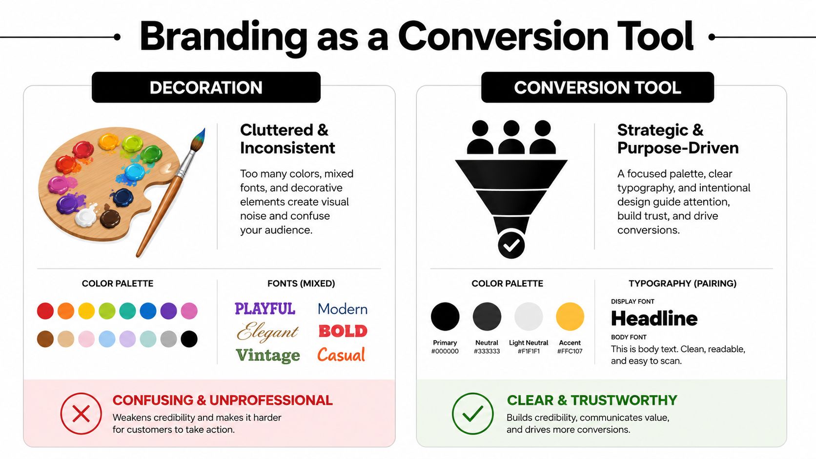 A comparison chart showing how strategic branding as a conversion tool builds more trust than cluttered decoration.