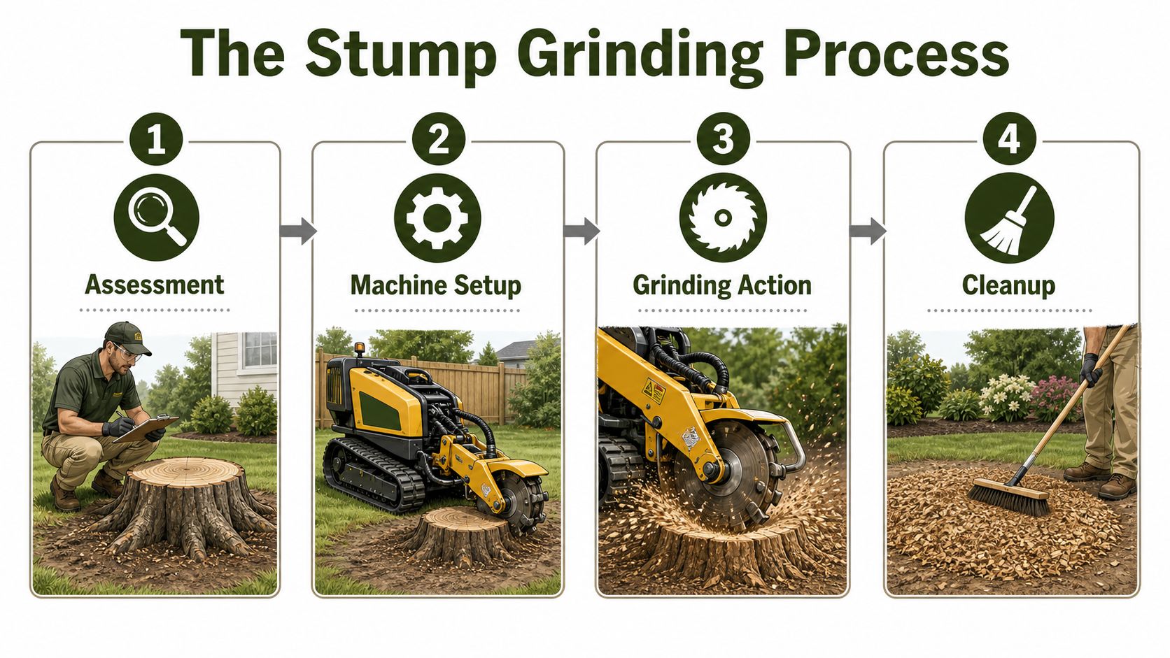 An infographic showing the four steps of the stump grinding process including assessment, setup, grinding, and cleanup.