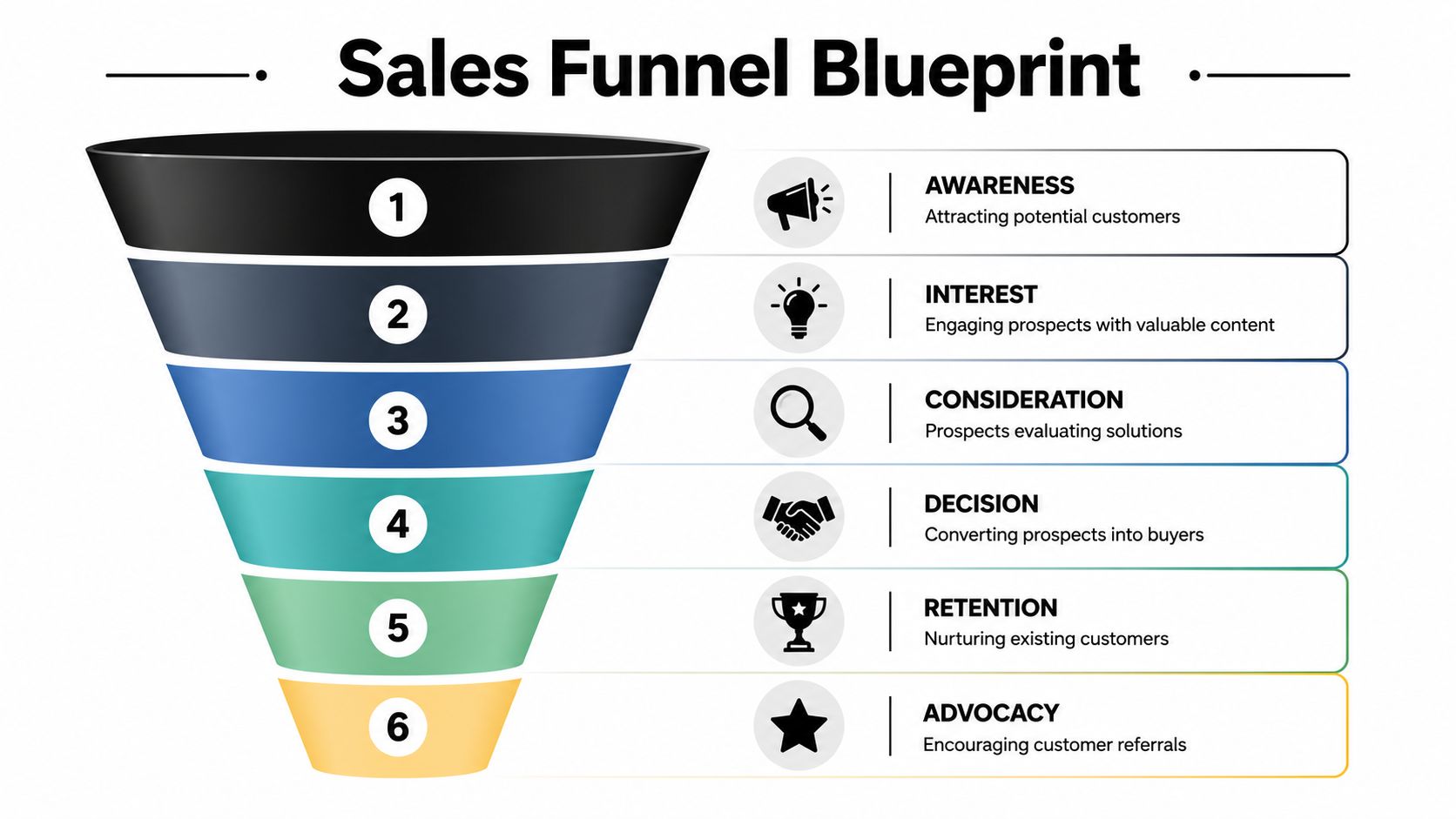 A diagram illustrating the six stages of a sales funnel blueprint for business growth and customer management.