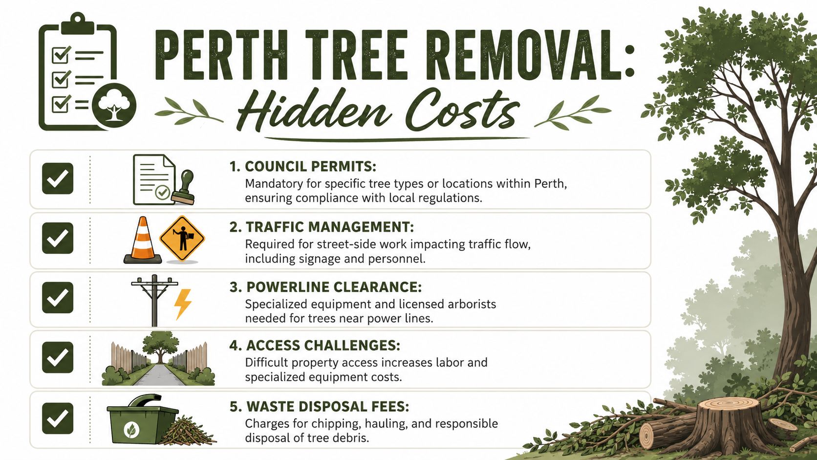 An infographic detailing five common hidden costs involved in professional tree removal services in Perth, Australia.
