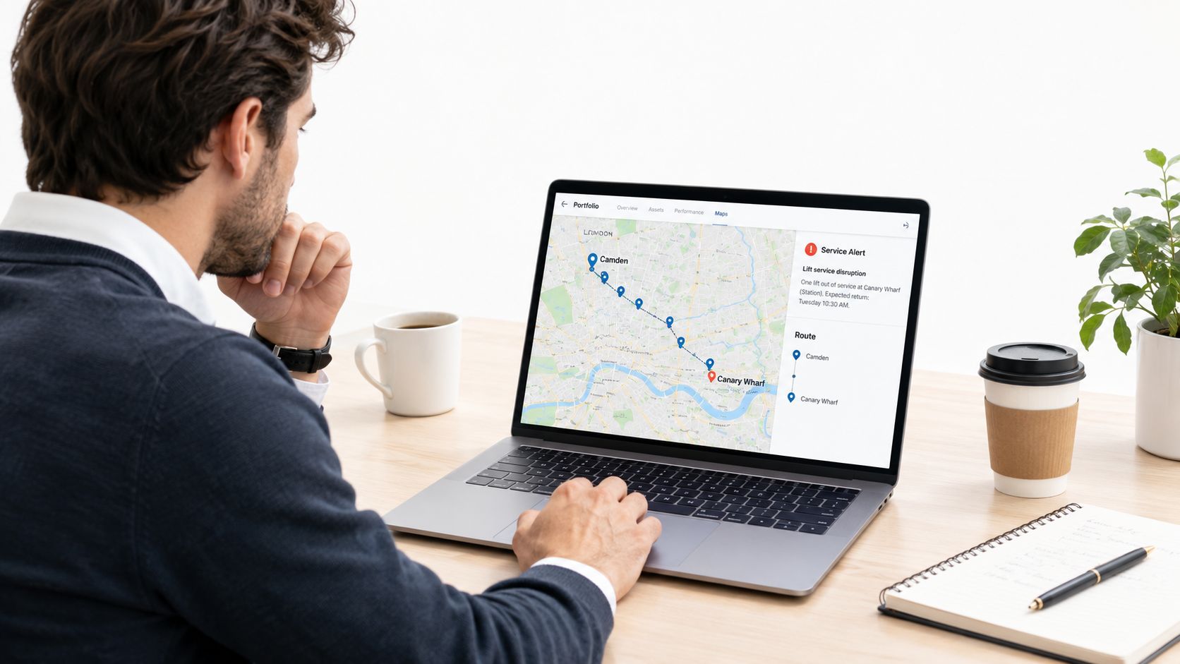 A professional analyzing a digital map of multi-site facilities management on a laptop screen.