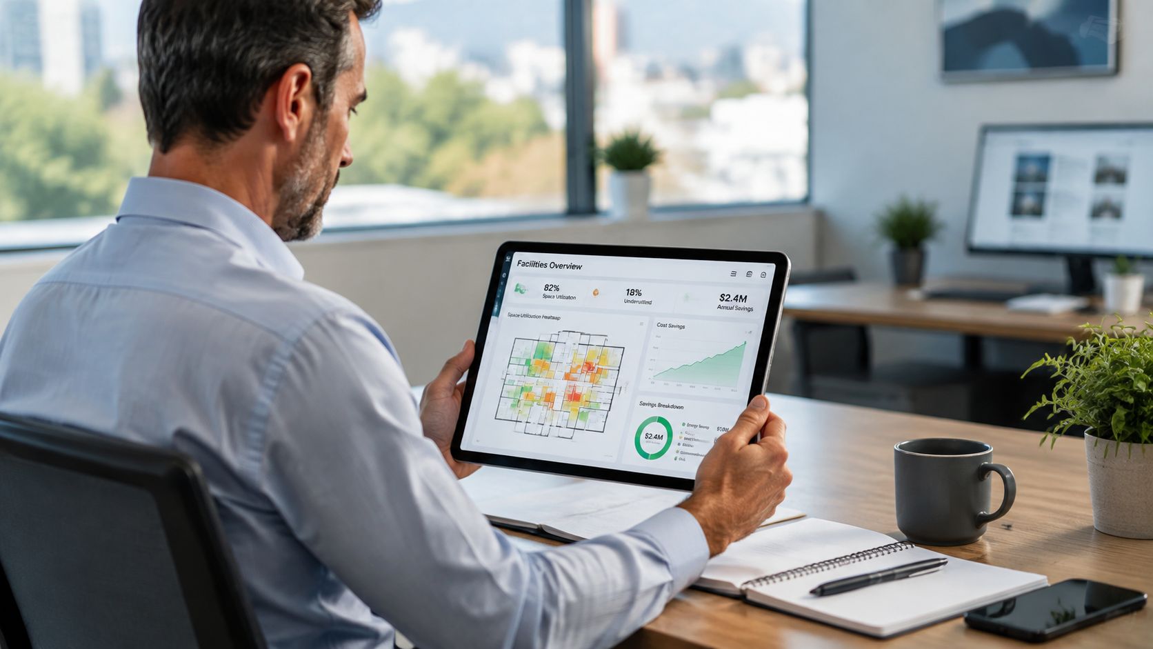 A professional man reviewing office space utilization data on a tablet at his bright, modern workspace.