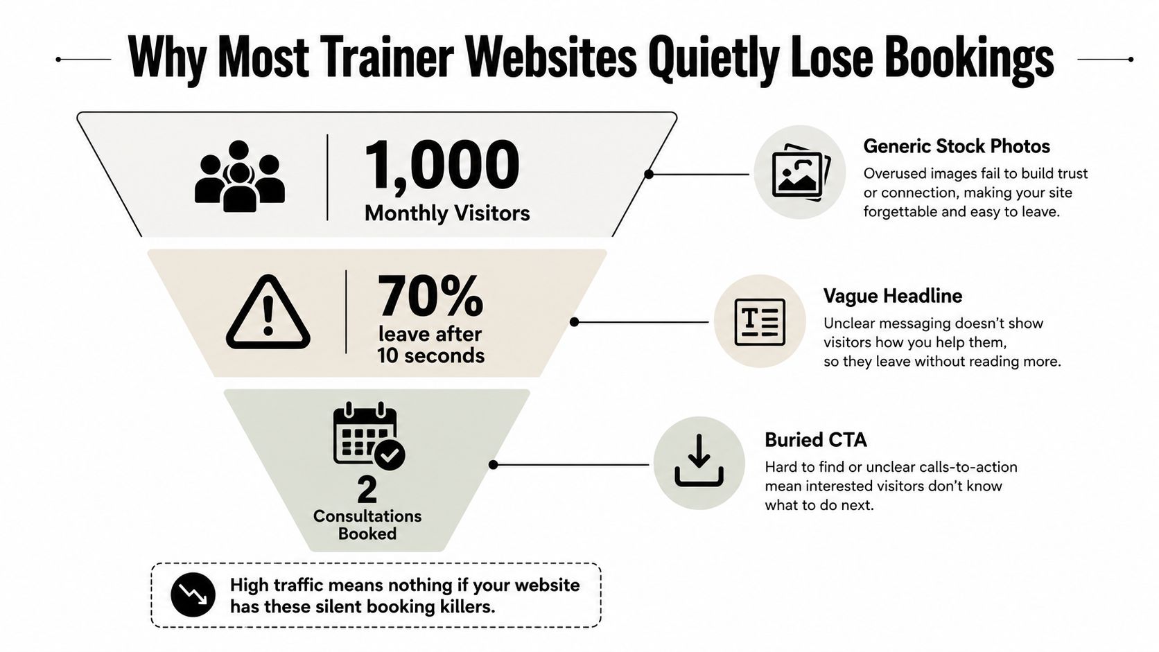A funnel infographic explaining why personal trainer websites lose potential bookings due to poor design elements.