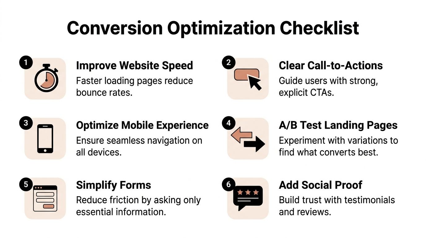 A six-step conversion optimization checklist infographic illustrating key strategies for improving website performance and user engagement.