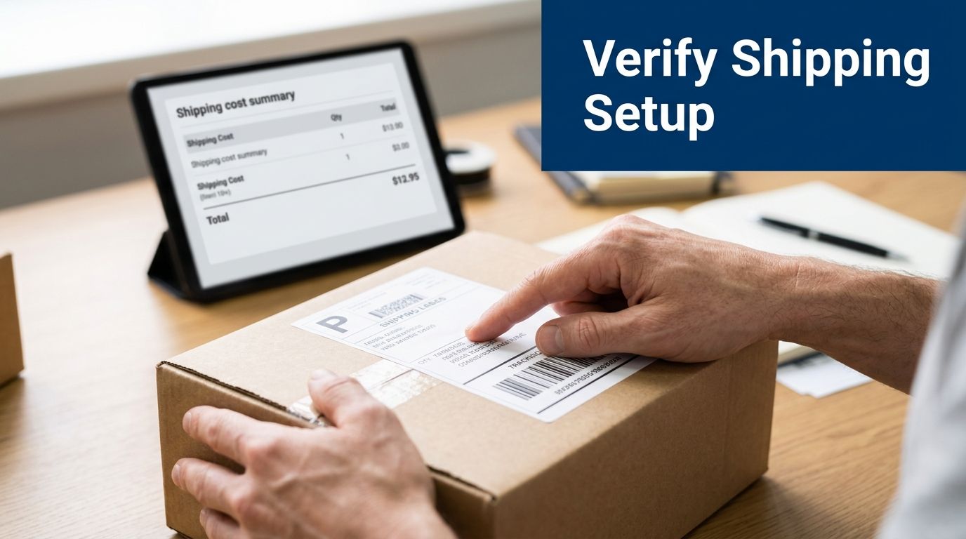 A person verifying a shipping label on a cardboard box while checking shipping costs on a tablet.