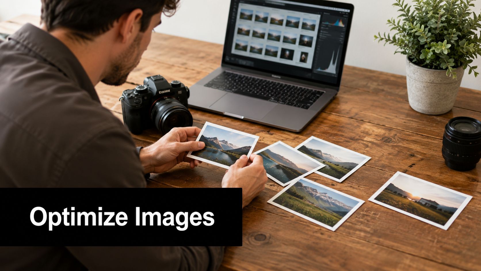 A photographer reviews printed landscape photographs while working on a laptop at a rustic wooden desk.