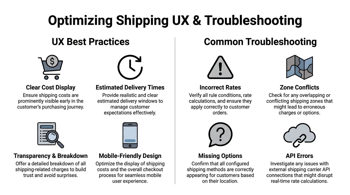 An infographic titled Optimizing Shipping UX and Troubleshooting, detailing best practices and common technical shipping issues.