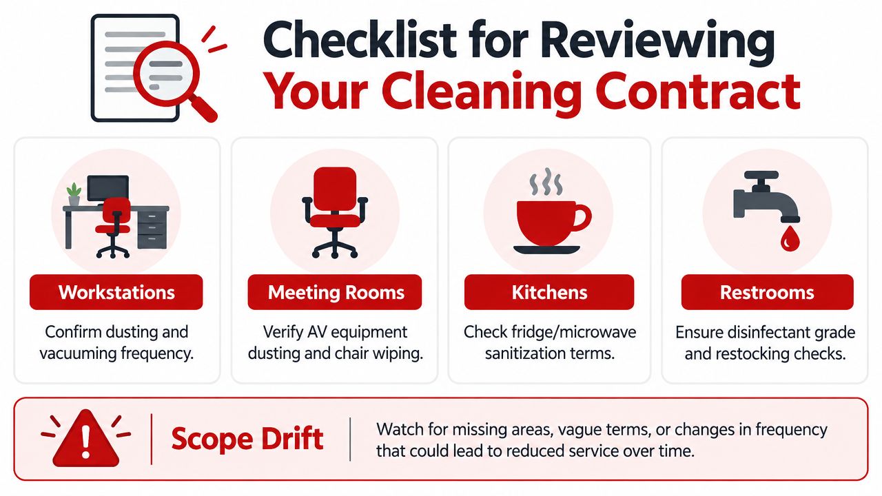 A checklist infographic outlining key areas to review in an office cleaning contract for proper service maintenance.