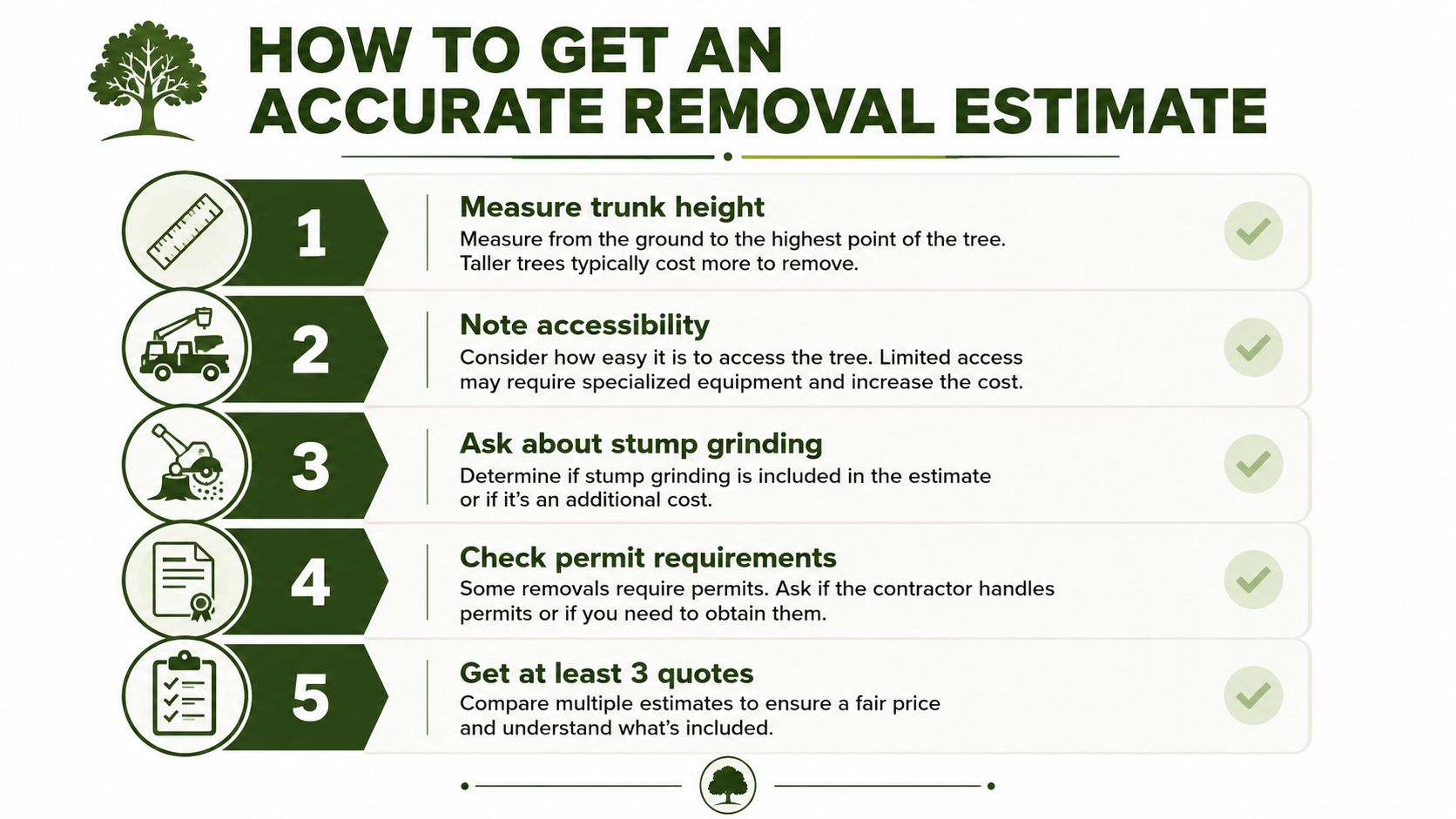 An infographic titled How to Get an Accurate Removal Estimate listing five steps for tree removal.