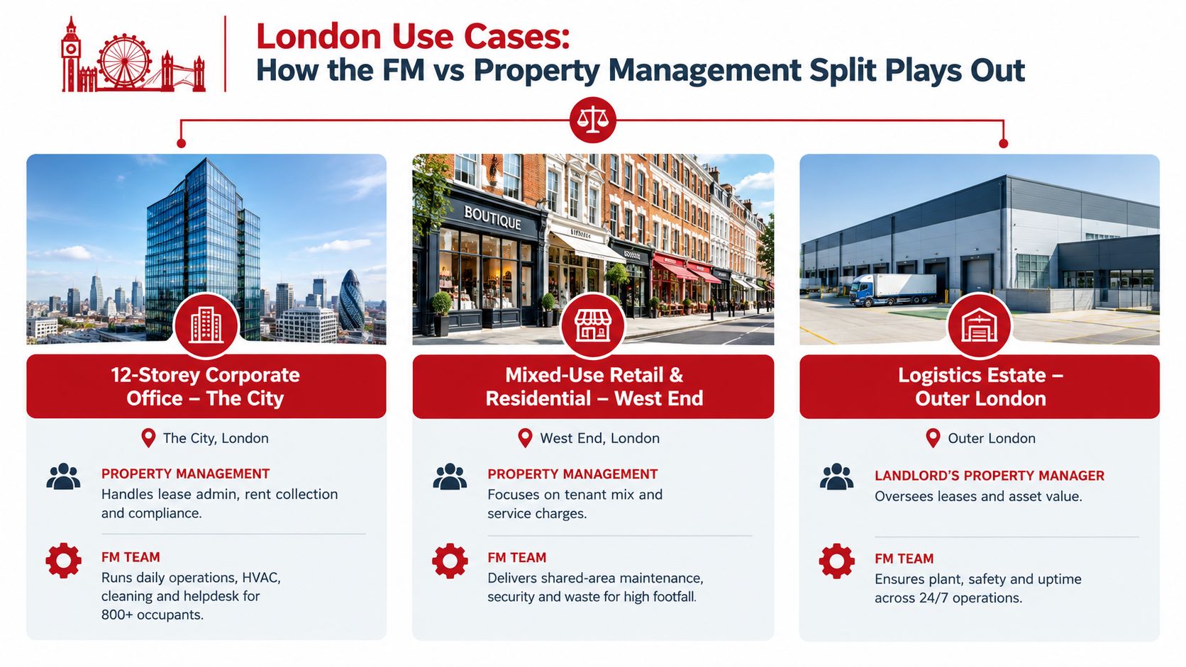 An infographic showing the division of responsibilities between facilities management and property management across three London real estate sectors.