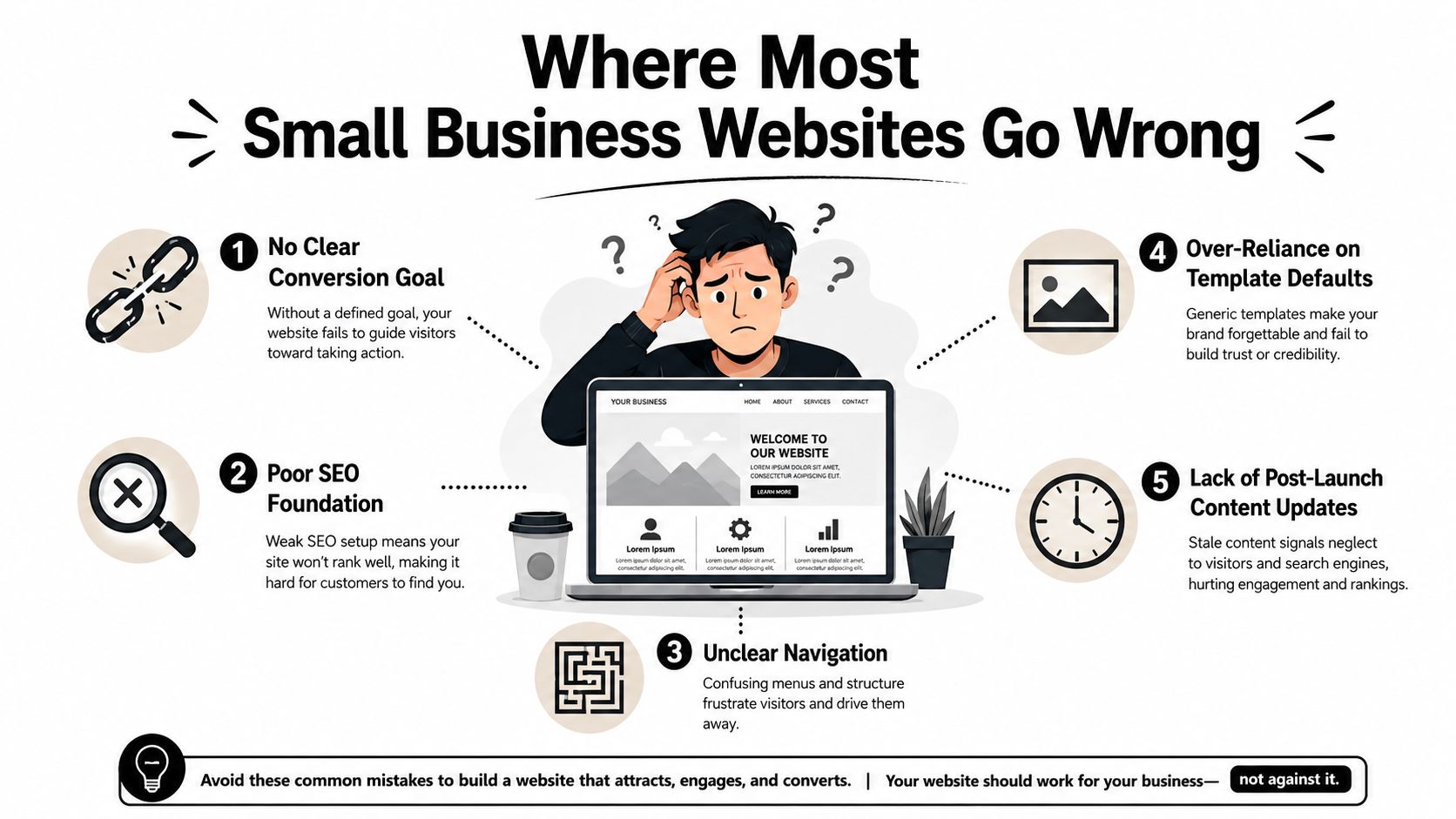 An infographic illustrating five common mistakes to avoid when developing a small business website for better performance.