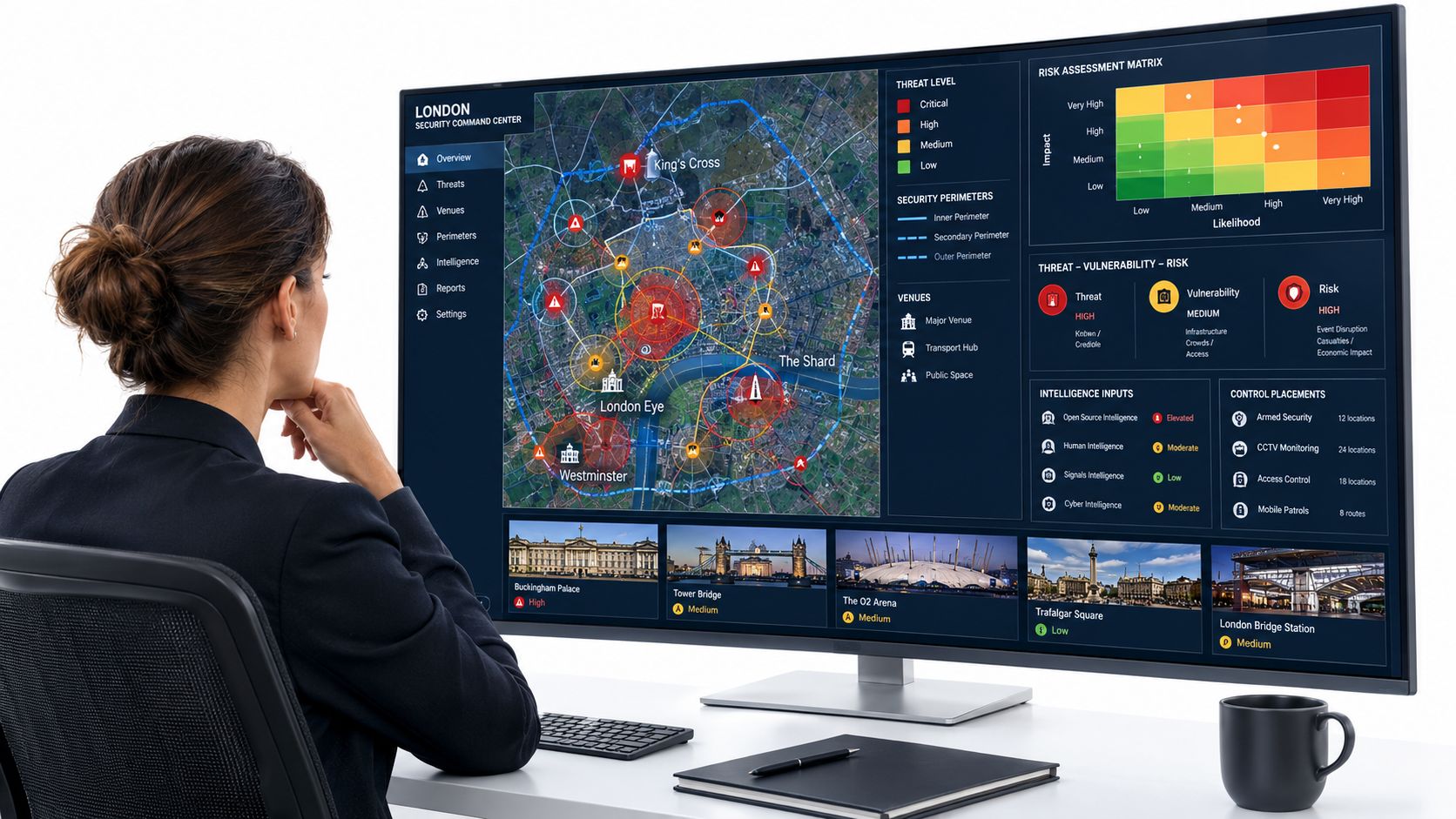 A professional security analyst monitors a digital dashboard displaying interactive threat maps and live surveillance of London.