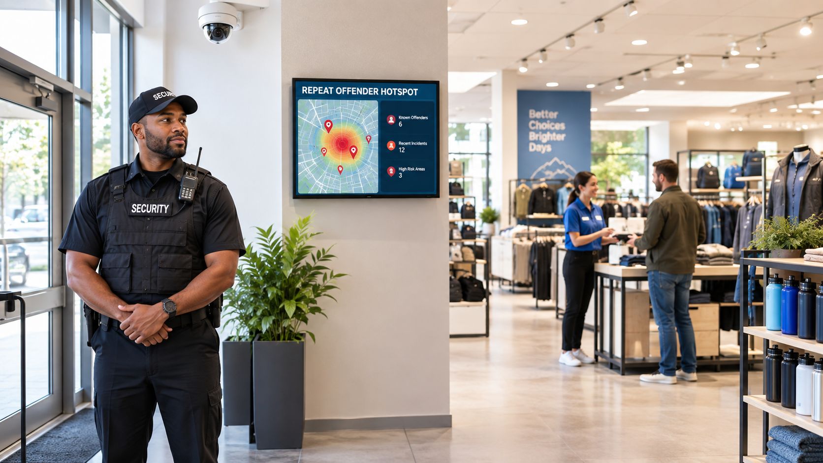 A professional security guard standing near the entrance of a modern clothing store monitoring a digital display.