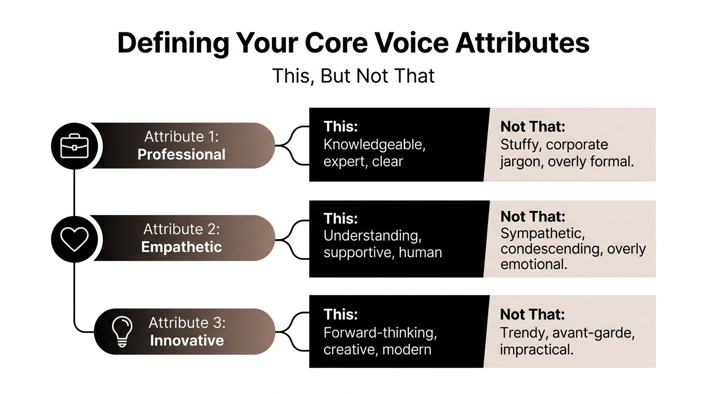 A chart illustrating core voice attributes, defining professional, empathetic, and innovative tones with examples of what to avoid.