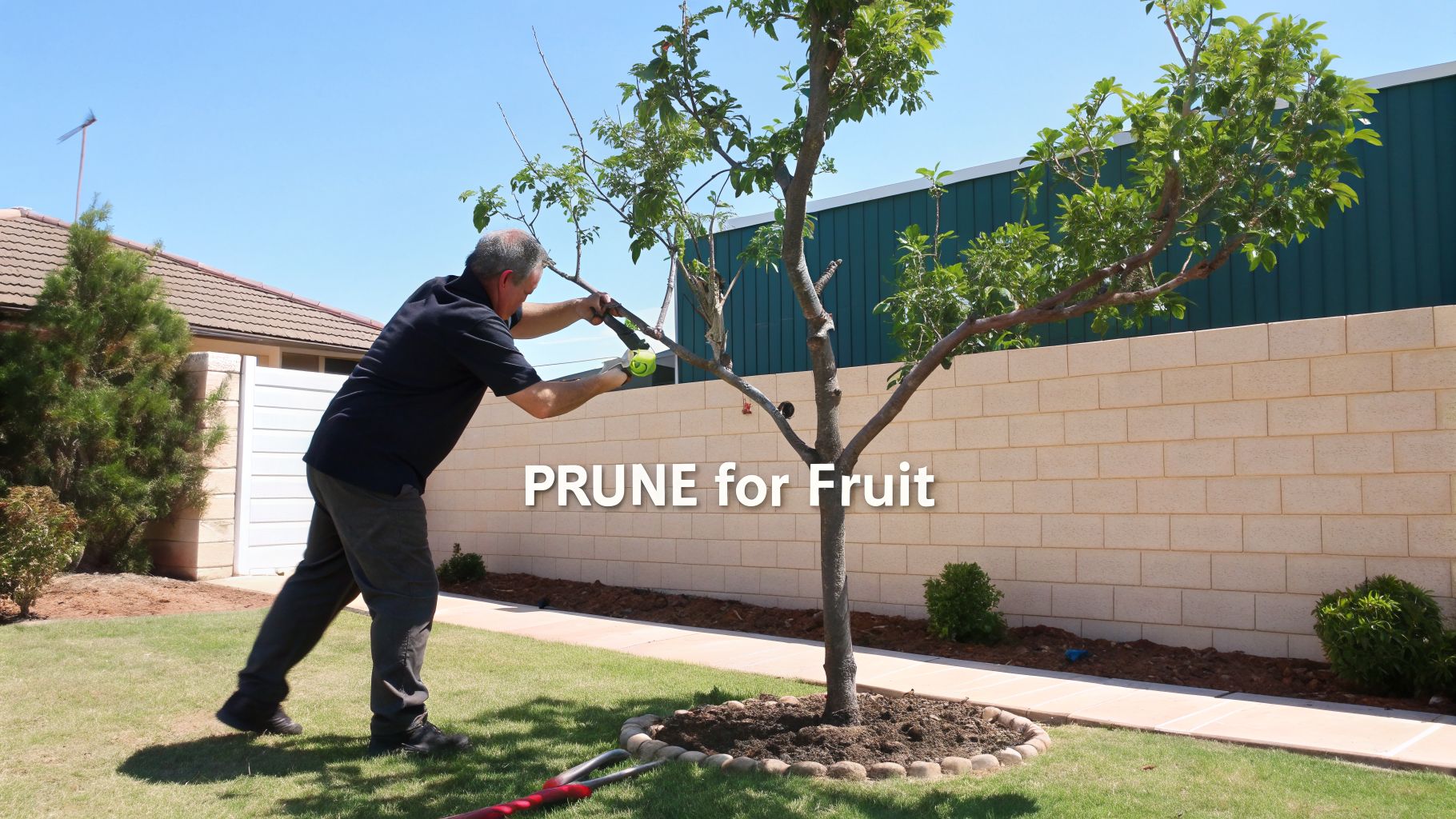 A man in a sunny backyard uses long-handled shears to prune branches off a fruit tree.