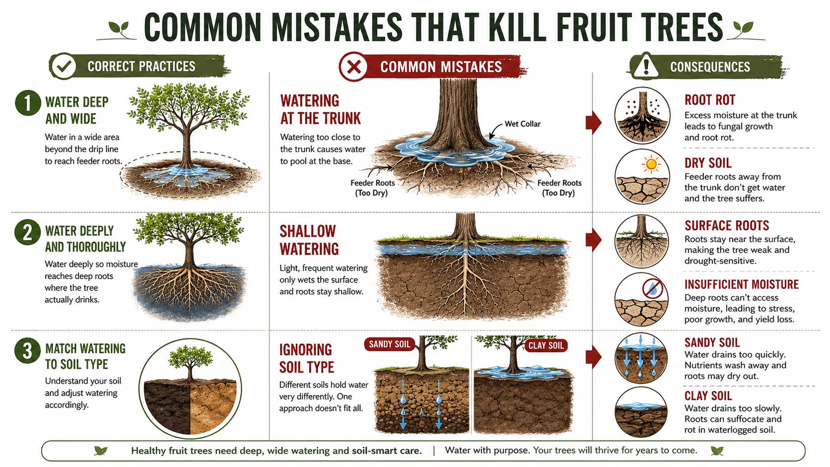 An infographic illustrating common mistakes to avoid when watering fruit trees to ensure healthy growth.